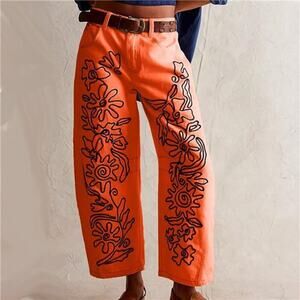 Embroidered Mid Rise Orange Jeans for Women Baggy Boyfriend Jean Boho Barrel